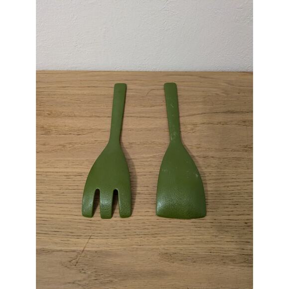 Salad Serving Set Kitchenware Olive Green Fork & Spoon Vintage - Picture 3 of 5